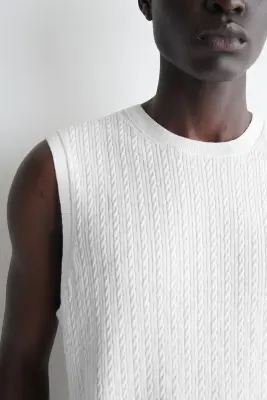 DÉBARDEUR EN MAILLE TORSADÉE DE COTON ET LIN - BLANC — photo 2