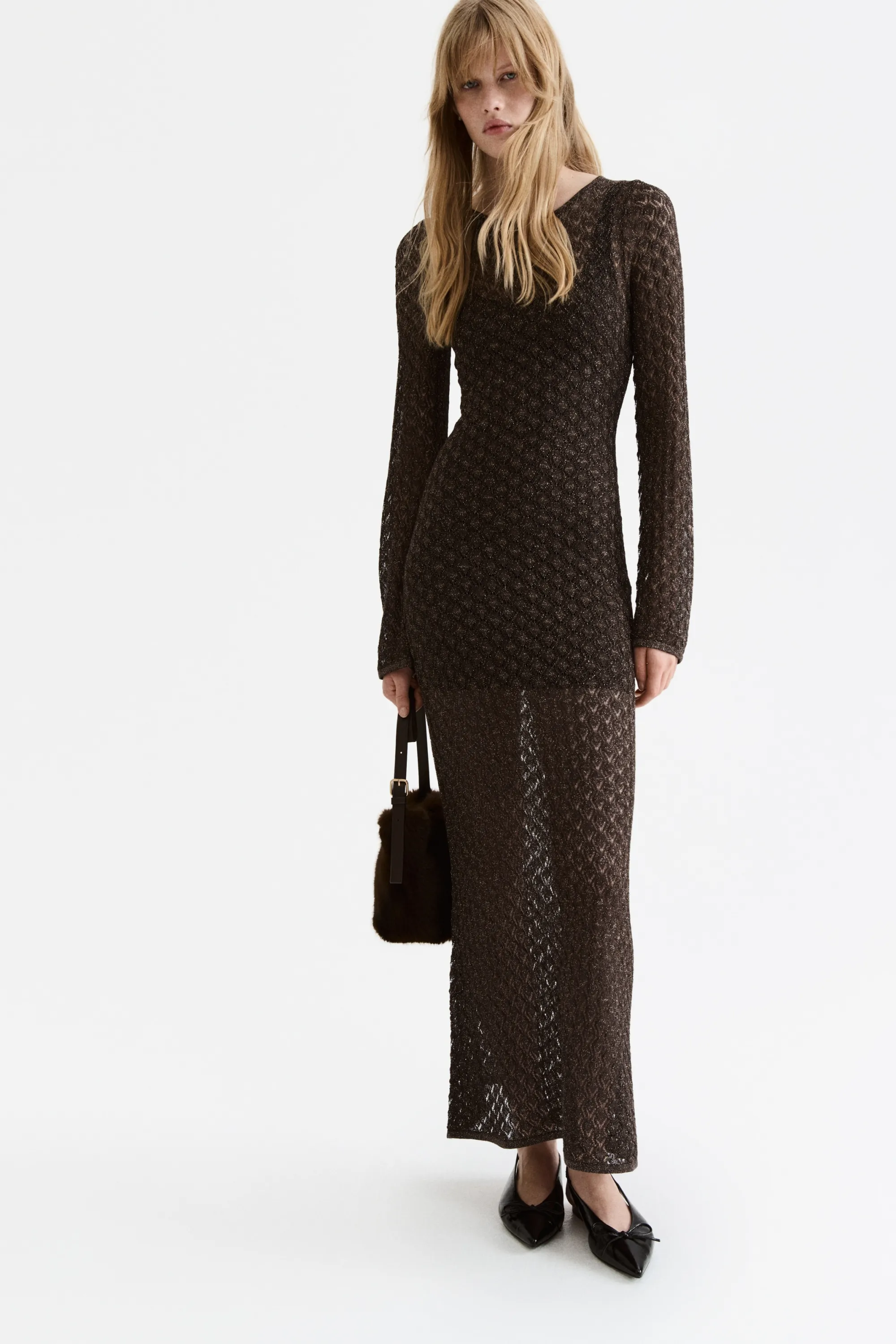 Robe maxi en maille pointelle - Marron foncé