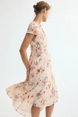 Robe froncée à mancherons - Beige clair/fleuri — photo 2