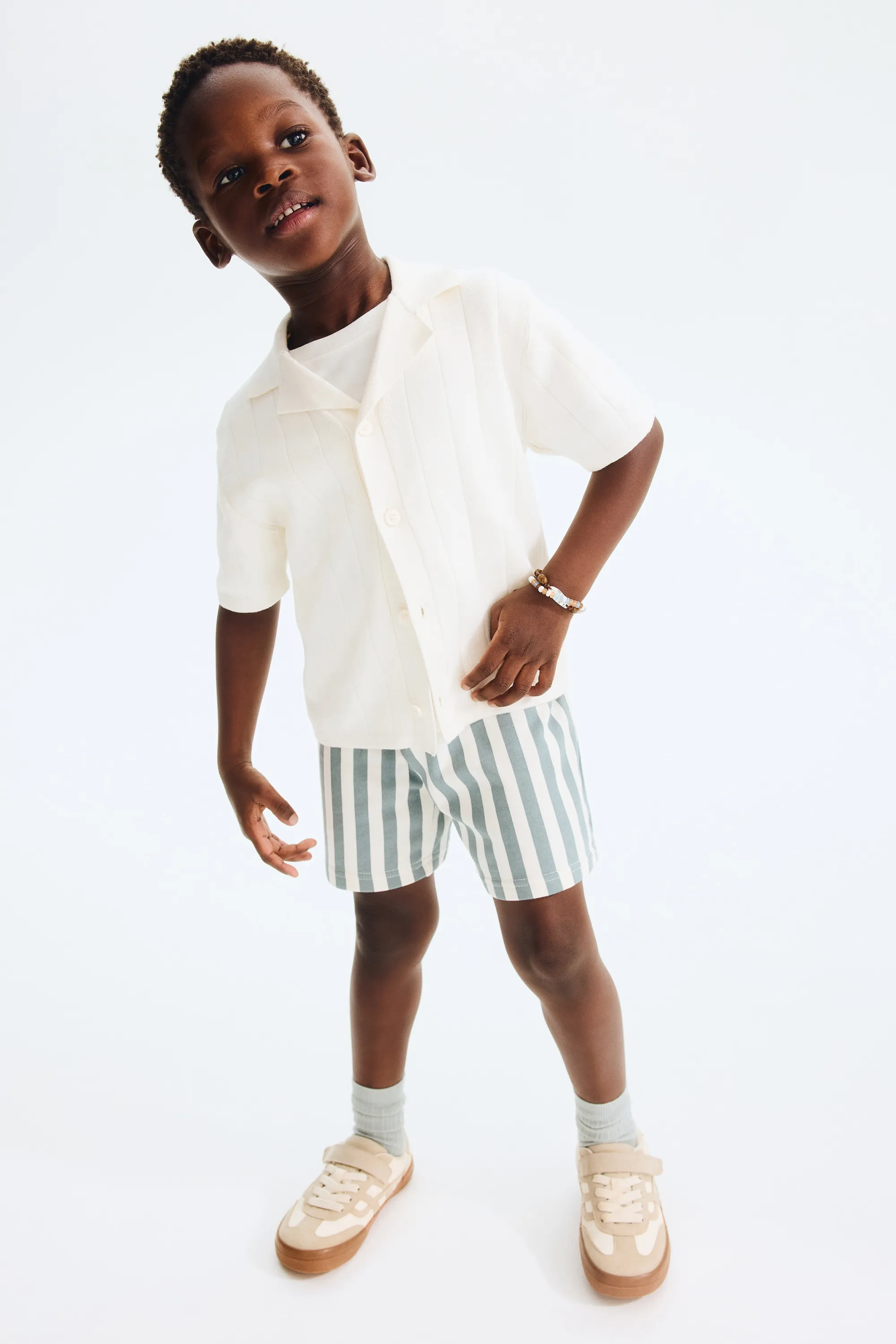 Short en molleton de coton - Turquoise foncé/rayé