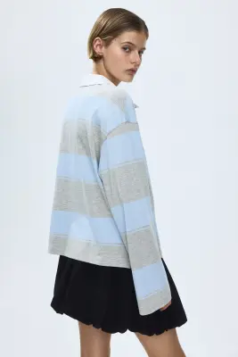 Polo en coton - Gris clair chiné/rayé — photo 3
