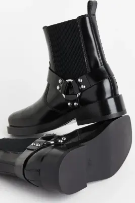 Bottines en cuir de style motard - Noir — photo 2