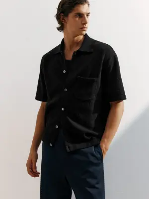 Pantalon large habillé en coton - Bleu foncé — photo 4