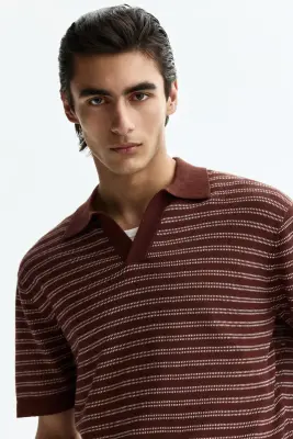 Polo Regular Fit en lin mélangé - Marron/rayé — photo 1