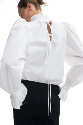 Blouse en coton avec manches ballon - Blanc — photo 3