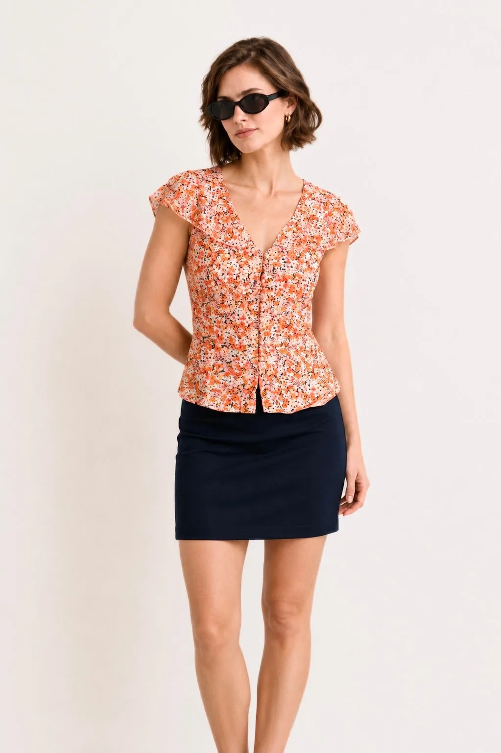 Milena Flounce Blouse - Orange floral