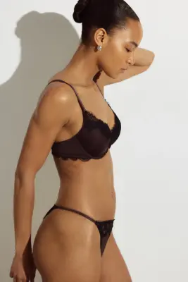 Culotte Brazilian Tanga en microfibre et dentelle - Marron foncé/noir — photo 2