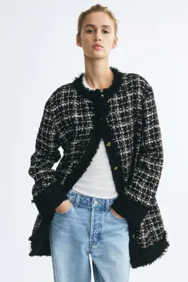 Robe à boutons en tissu bouclette - Noir/carreaux — photo 2