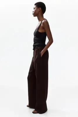 Pantalon à cordon en lin mélangé - Marron foncé — photo 4