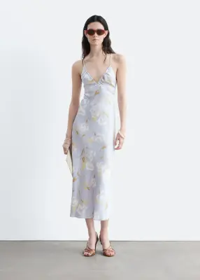 Robe combinaison midi en satin - Bleu clair / Motif fleuri — photo 2