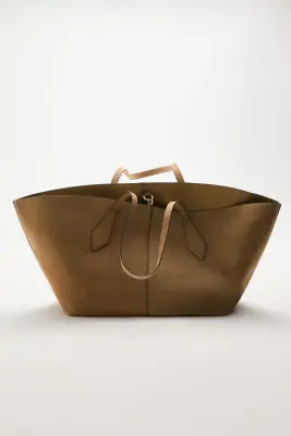 Sac shopping en cuir velours - Beige foncé — photo 2