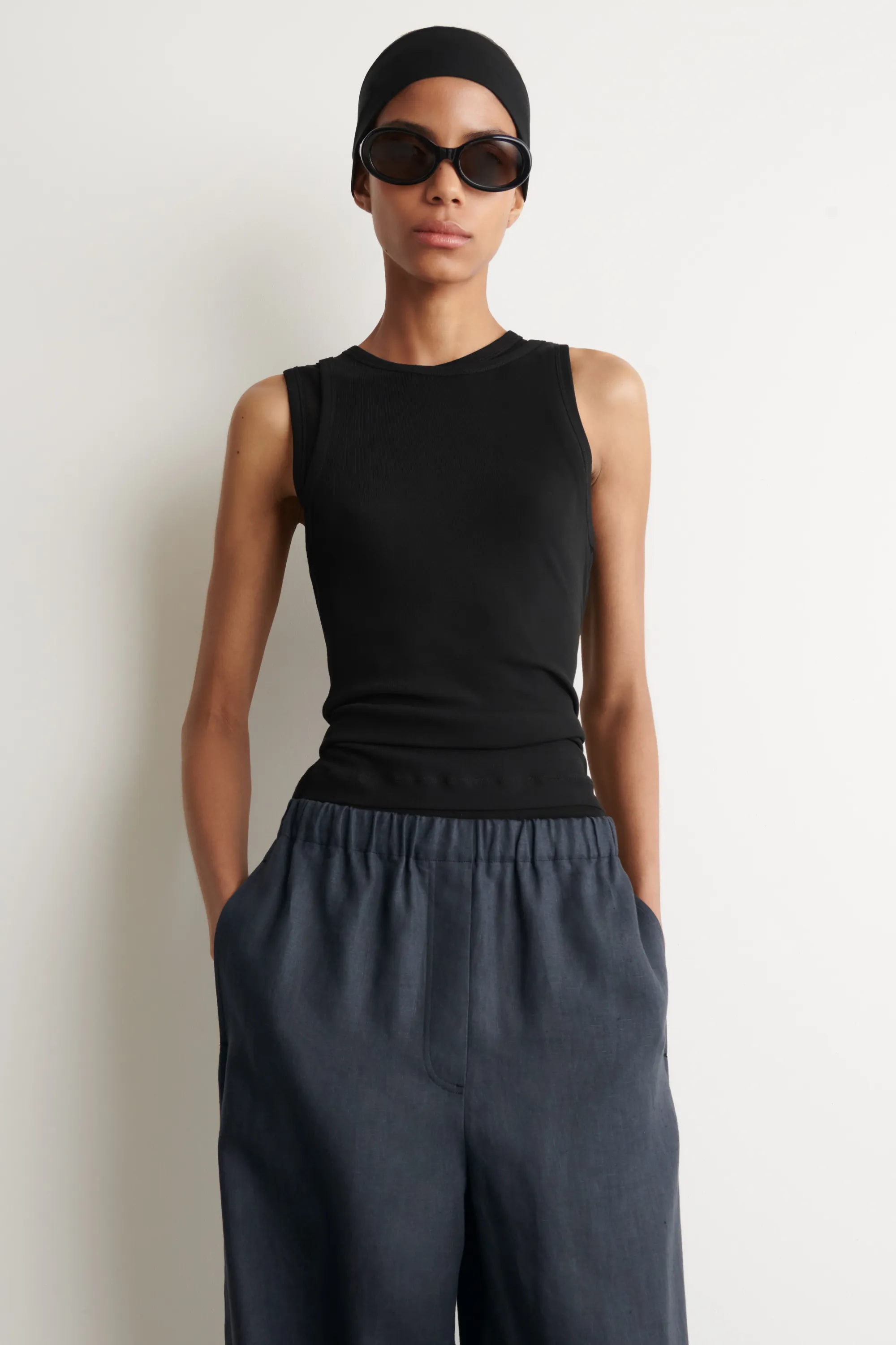 PANTALON BARREL EN LIN À TAILLE ÉLASTIQUÉE - BLEU MARINE