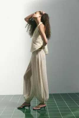 Pantalon avec taille élastique et jambes ballon - Jaune clair/pois — photo 3