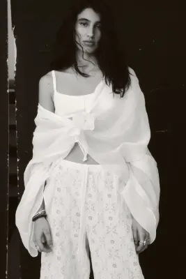 Pantalon façon dentelle avec cordon de serrage - Blanc — photo 3