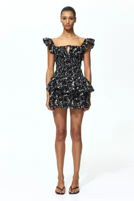 Robe à taille smockée - Noir/fleuri — photo 1