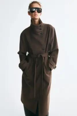 Manteau à col entonnoir avec ceinture à nouer - Taupe foncé — photo 1