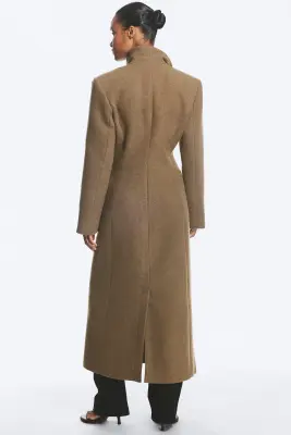 Manteau ajusté en mélange de laine à boutonnage simple - Marron poudré chiné — photo 3