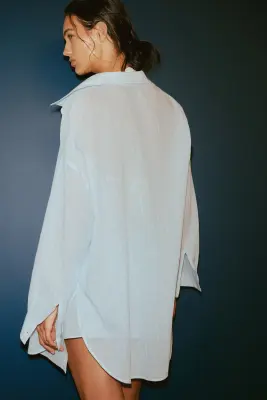 Longue chemise en coton - Turquoise clair/rayé — photo 3