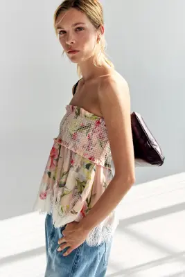 Top bandeau en lin mélangé - Rose clair/fleuri — photo 2
