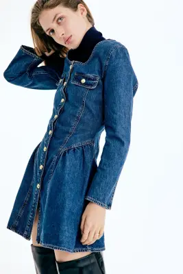 Robe en denim avec jupe évasée - Bleu denim — photo 4