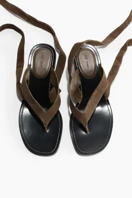 Sandales à talon en cuir velours - Vert kaki — photo 1
