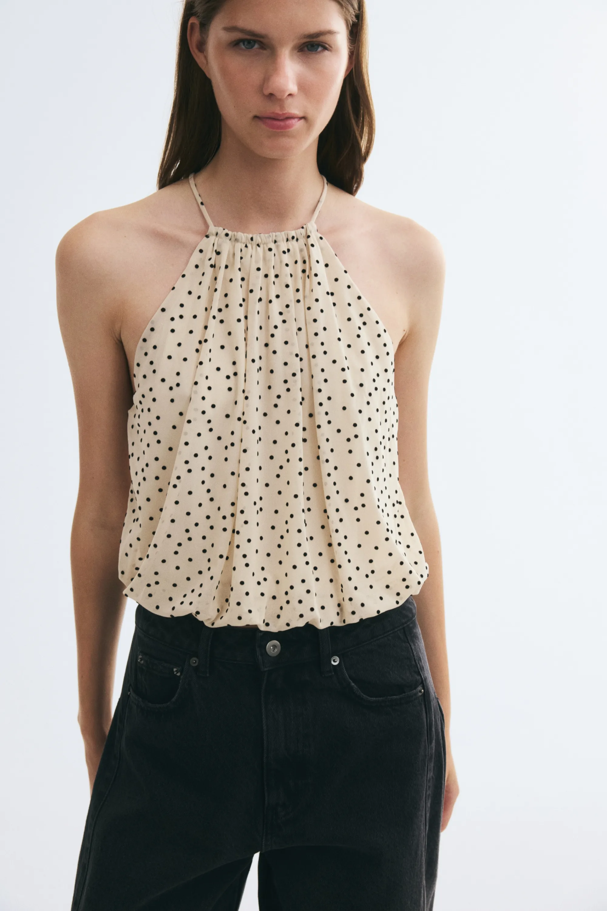 Top en mesh avec base à effet boule - Beige clair/pois