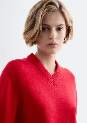 Pull à col en V côtelé - Rouge — photo 4