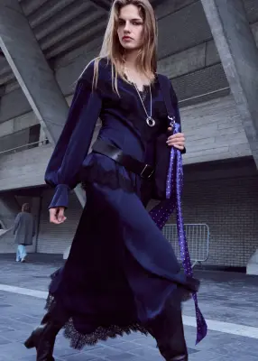 Blouse en crêpe à finitions en dentelle - Bleu/Noir — photo 5