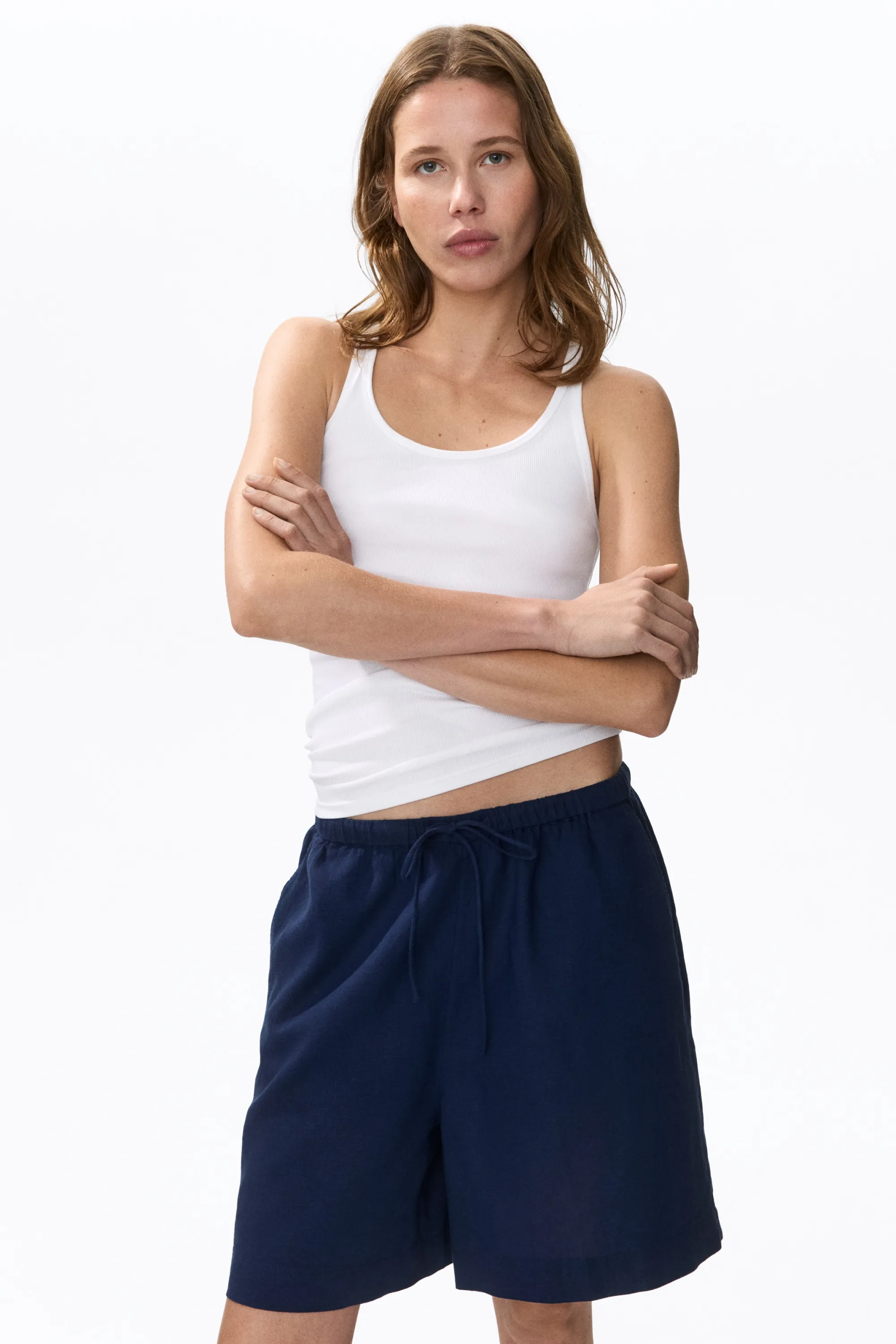 Short à cordon en lin mélangé - Bleu foncé