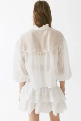 Frill-trimmed balloon-sleeved blouse - Blanc — photo 2