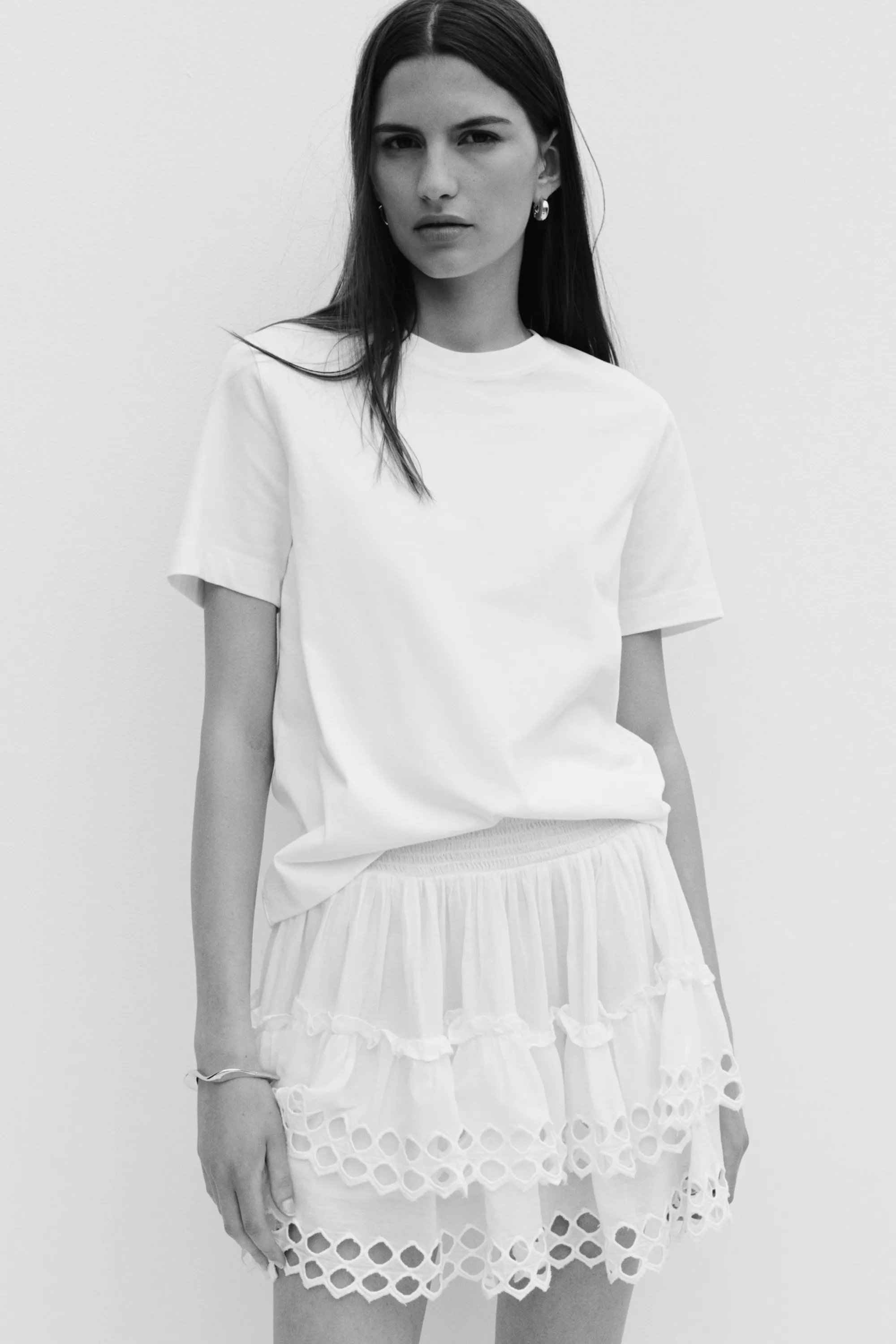 Jupe à étages avec broderie anglaise - Crème