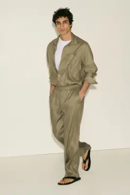 Pantalon Easy-care Loose Fit en lin mélangé - Vert kaki clair — photo 1