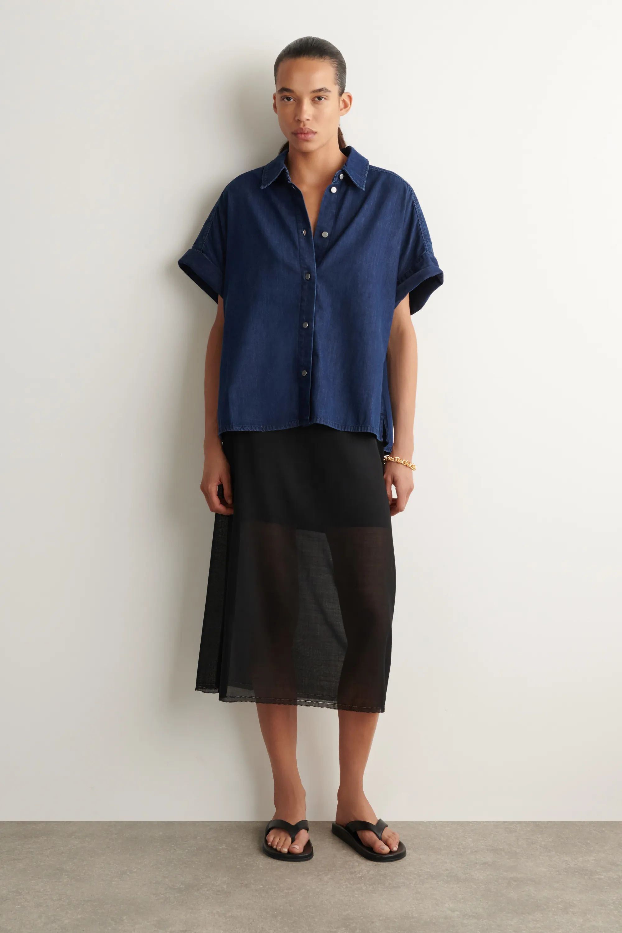 CHEMISE MANCHES COURTES DENIM - BLEU FONCÉ