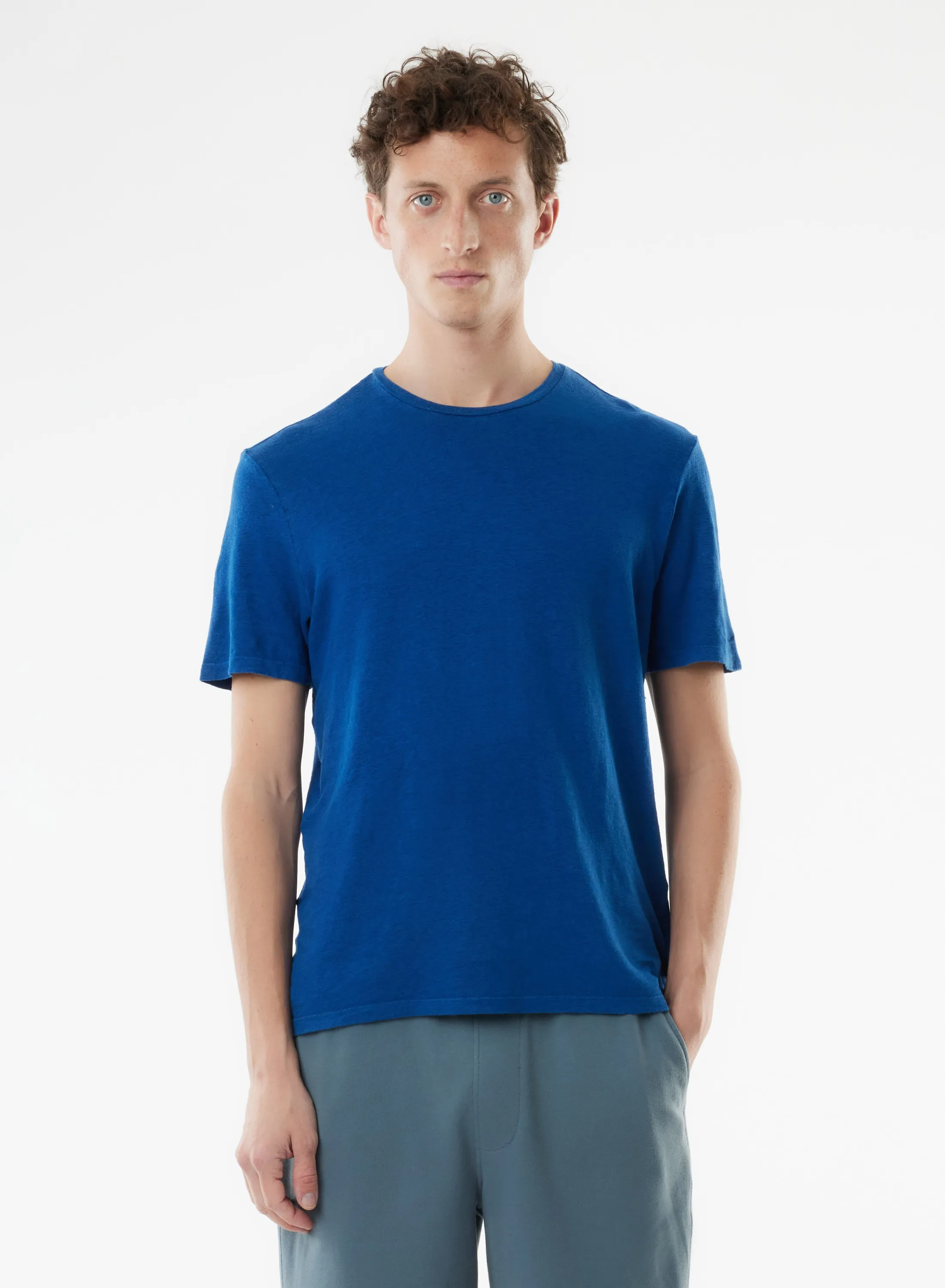 T-shirt Bleu Manches Courtes Col Rond en Lin / Elasthanne