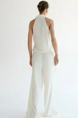 Pantalon texturé avec cordon de serrage - Crème — photo 3