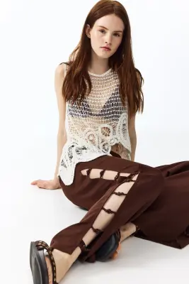 Pantalon en lin mélangé avec perles fantaisie - Marron — photo 1