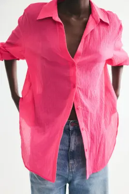 Chemise en coton froissé - Rose cerise — photo 2