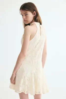 Robe à plis godets en dentelle - Crème — photo 4