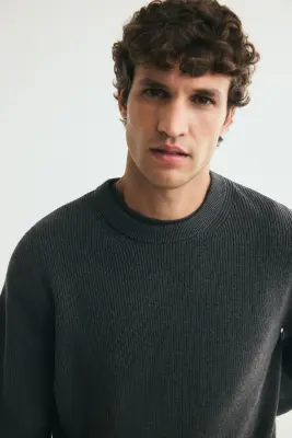 Pull Regular Fit en maille de coton côtelée - Gris foncé — photo 1