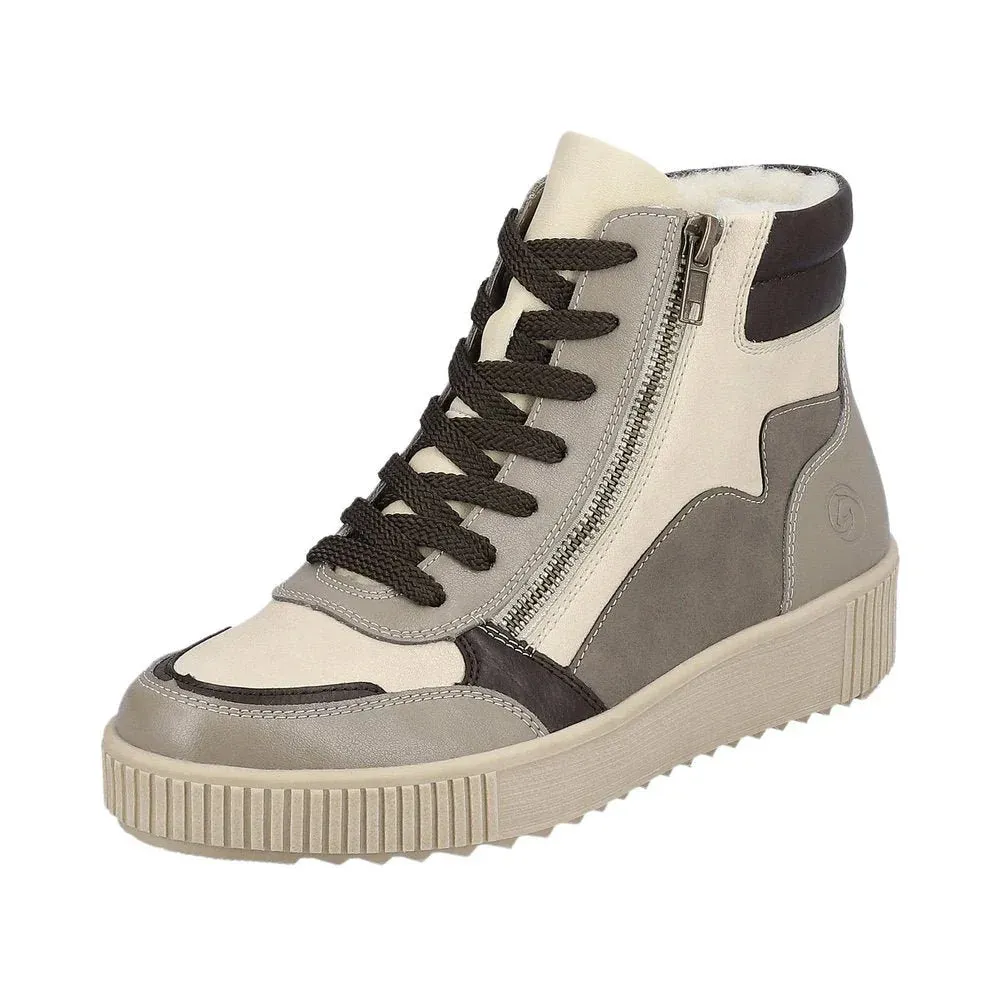 Bottines Remonte R7969-62 Beige Gris - Lacets Zip Grande Pointure Femme
