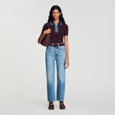 Pull polo en maille et col denim