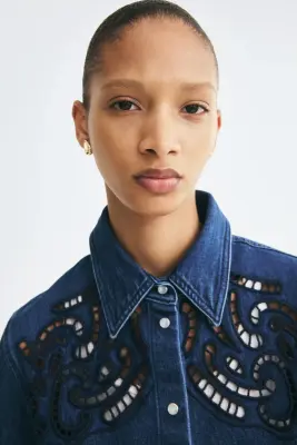 Chemise brodée en denim - Bleu denim/bleu marine — photo 2