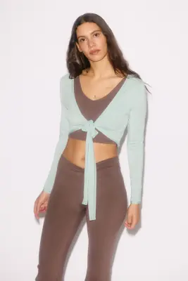 Crop top de yoga à manches longues - Bleu amazonite — photo 2