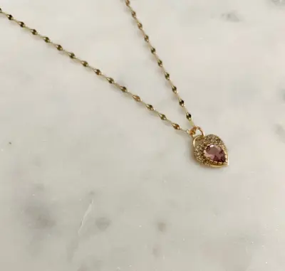 Nouveau ! ROOM SERVICE JEWELRY Collier Baby Coeur Tourmaline Rose Diamants — photo 2