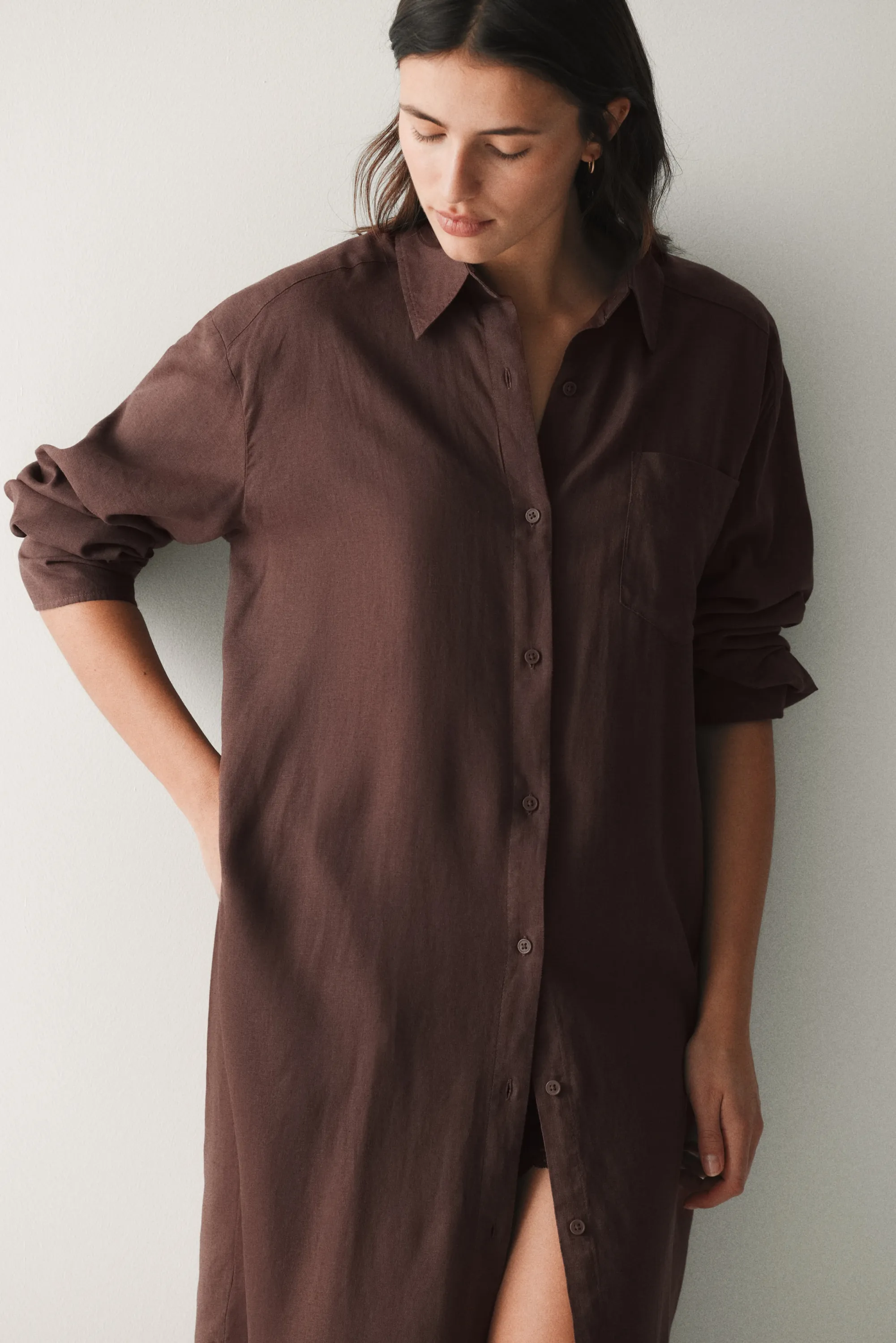Robe chemise en lin mélangé - Marron foncé
