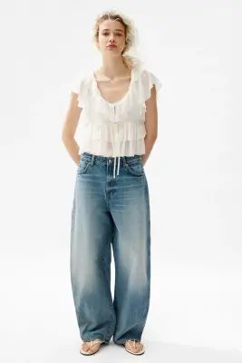 Blouse volantée avec liens à nouer - Crème — photo 3