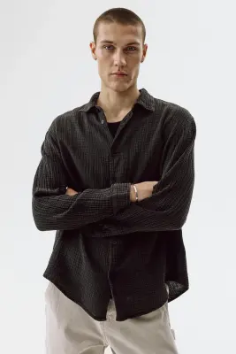 Chemise Regular Fit en mousseline de coton - Noir — photo 3