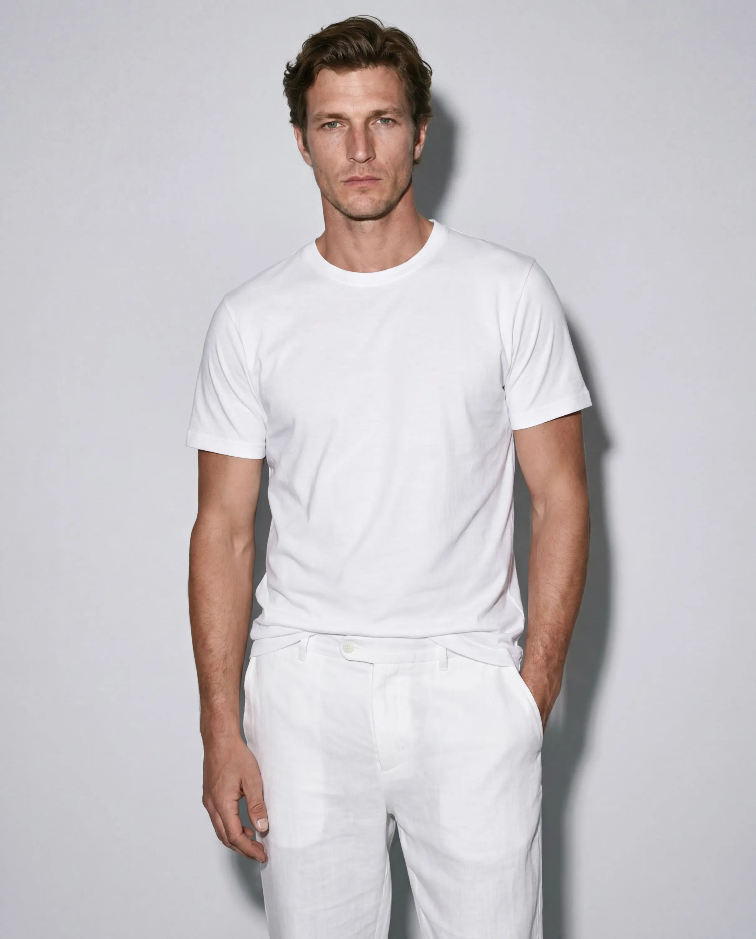T-shirt Blanc Col Rond Manches Courtes en Coton / Lin
