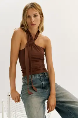 Top dos nu avec col licou - Marron — photo 1