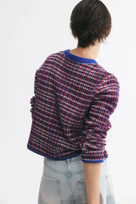 Gilet en maille texturée - Bleu/carreaux rouges — photo 3